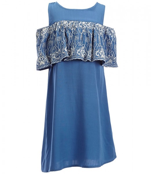 Gb Girls Blue Cold Shoulder Embroidered Ruffle Dress 